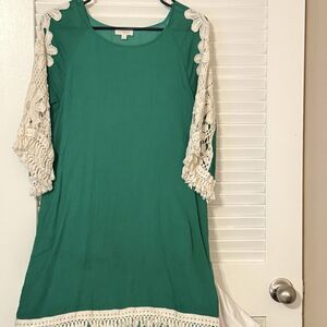 UMGEE Green Gauzy Tunic Top w Flower Crochet Sleeves Fringe Hem Cottagecore Lg